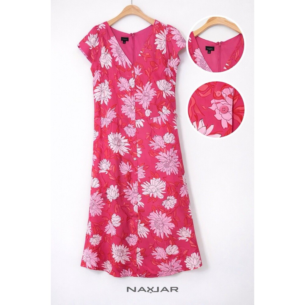 Talbots - Fuchsia white floral short sleeve chiffon v-neck dress, sz 12p